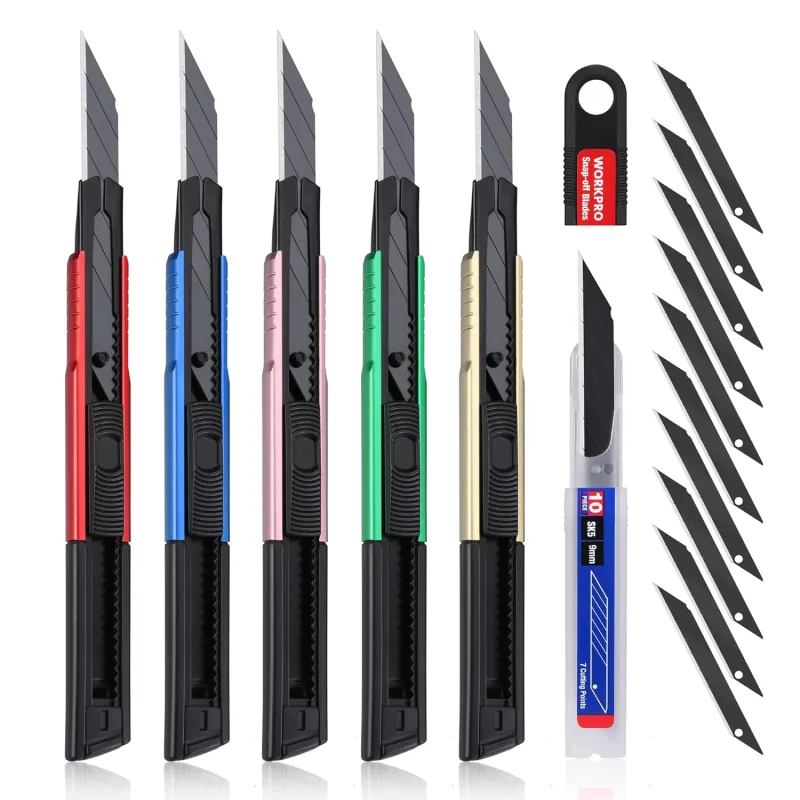 WORKPRO 5 Pieces 9 mm Blade Cutter, Utility Knife with Quick Change, Professional Stainless Steel Cutter, Multi-Colour, with Clip, incl. 10 Replacement SK5 Blades