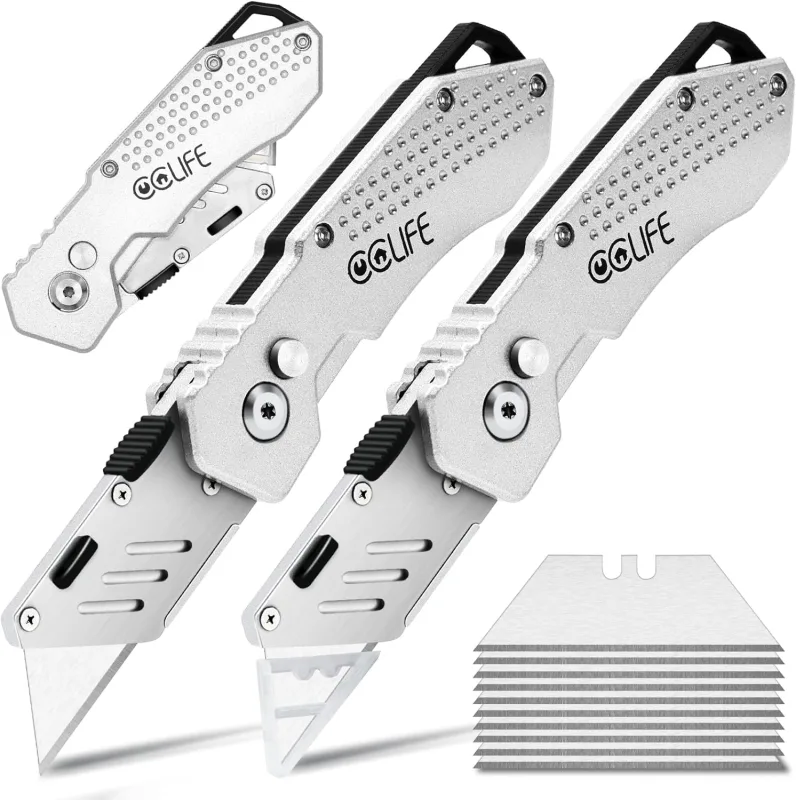 CCLIFE 2 Pieces Professional Multipurpose Folding Cutter Portable Knife with 10 Extra Blades, Belt Clip and Safety Lock Design