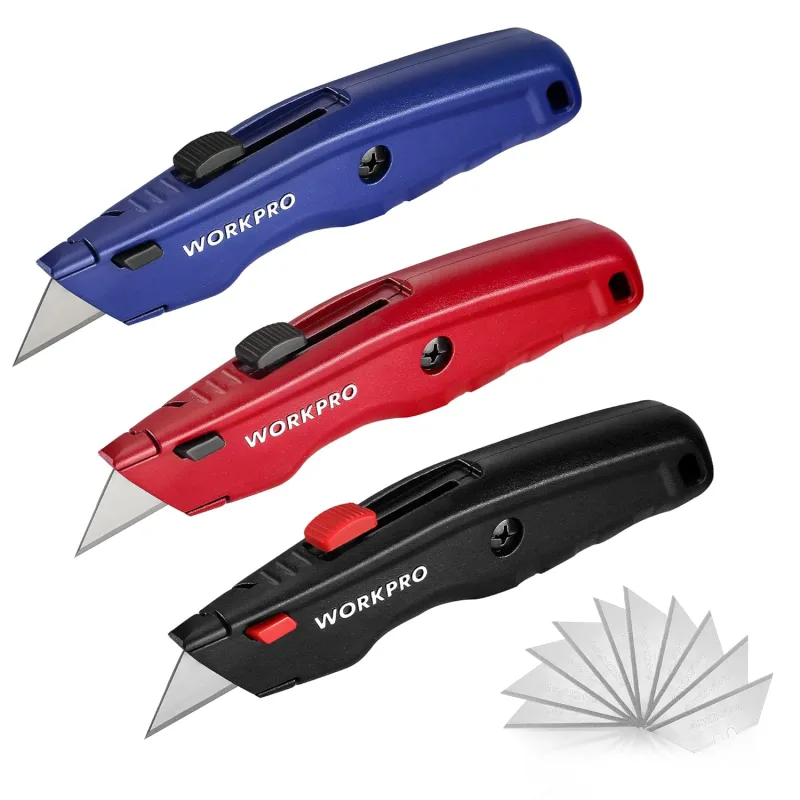 WORKPRO 3-Piece Professional Cutter, Universal Cutter, Professional Cutter with Non-Slip Aluminium Handle, Knife with 10 Additional Blades, Multicolor