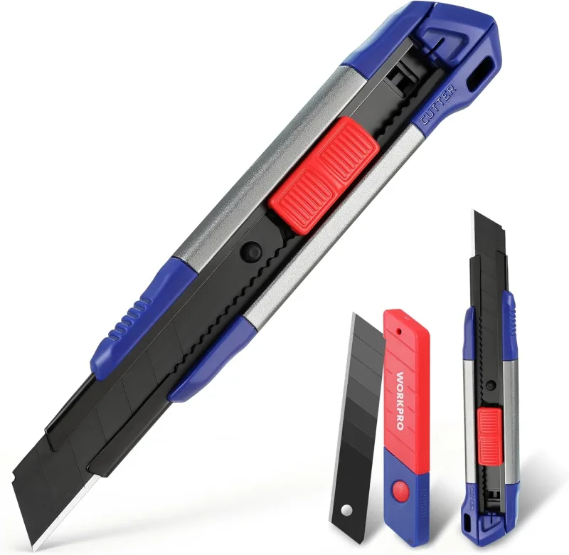 WORKPRO 2 Pieces Professional Cutters, Standard Separable Blade Cutter with Stainless Steel Guide, 18 mm SK5 Graphic Knife, 10 Replacement Blades, Aluminium Case