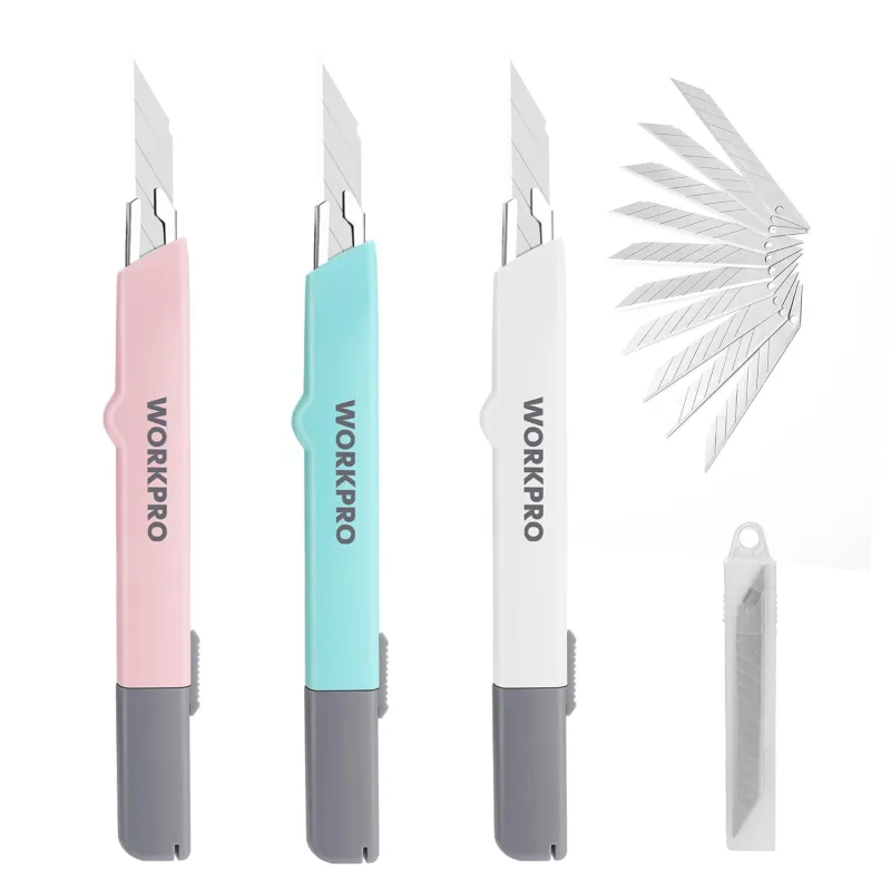 WORKPRO 3-Piece 9mm Utility Knife, Professional Cutter, Cutter to Open Packaging Boxes, Cutter Perfect for Office and Home