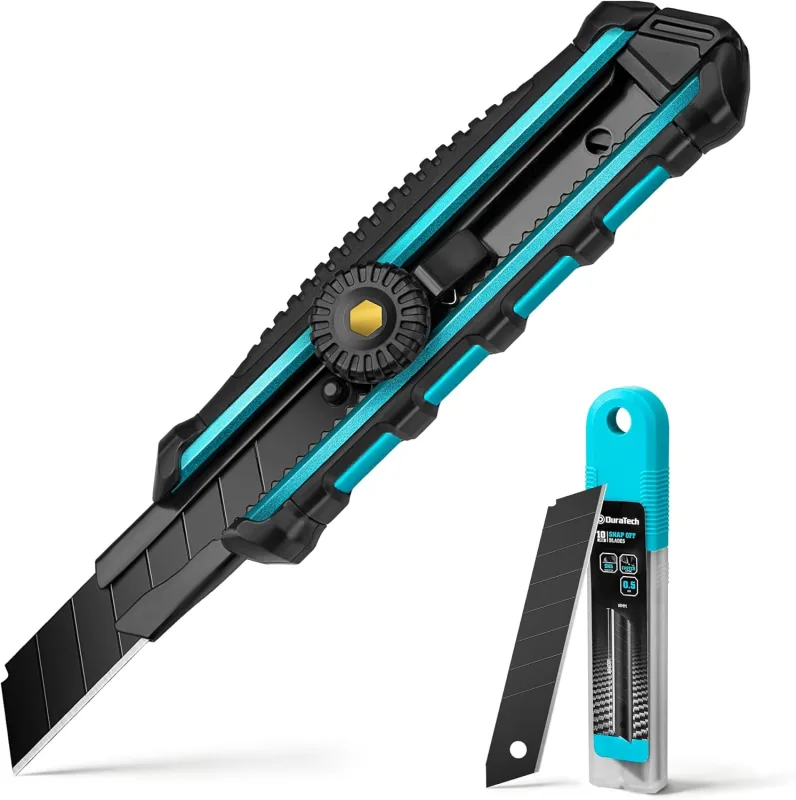 DURATECH Professional Cutter 18 mm, Standard Separable Blade Cutter with Rotary Knob Lock and Rail, with 10 Spare SK5 Blades, for Cutting Paper, Cardboard