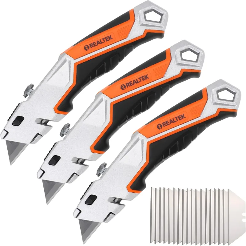 REALTEK 3 x Professional Cutter with 18 SK5 Blades of 19 mm, Ultra Sharp Safety Cutter, Ideal for Cutting Paper, Cardboard