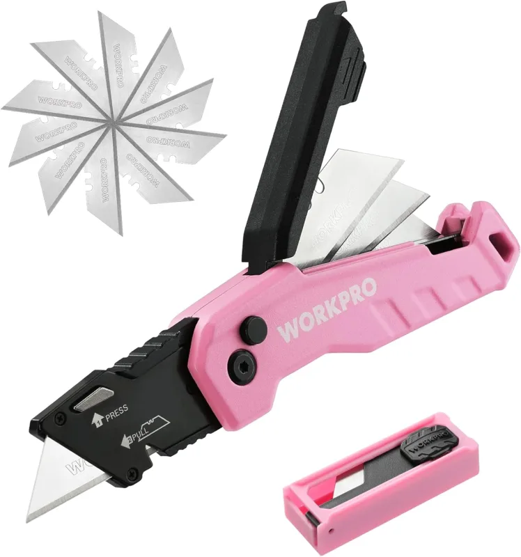 WORKPRO Folding Knife with Pink Aluminium Handle, Quick Change Folding Knife, with Blade Storage and Belt Clip, Including 14 Blades Blades