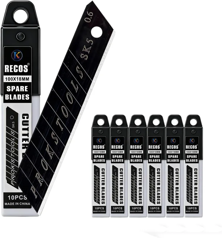 Carehabi Blades for Cutter 18 mm 60 Pieces – Replacement Blades in Black Carbon Steel – Extra Sharp High Performance for Professional and DIY Cutter – With Case