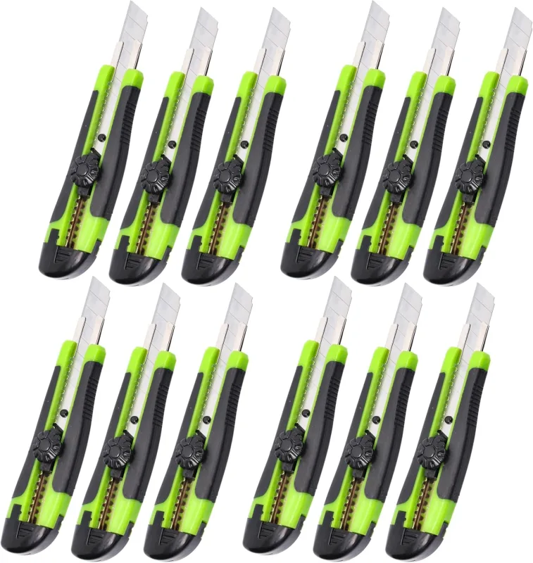 Professional Knife with Stainless Steel Segmented Blade Metal Guide Safety Lock and Non-Slip Handle for Cardboard Carpet Plastic and DIY Cutting – 18 mm Set of 12 Pieces