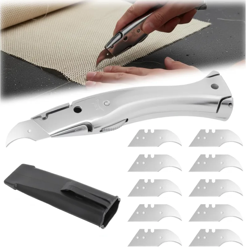 Professional Cutter with Sheath and 10 Blades, Safety Cutter with Hook Blade, Delphin Knife for PVC Flooring and Cables