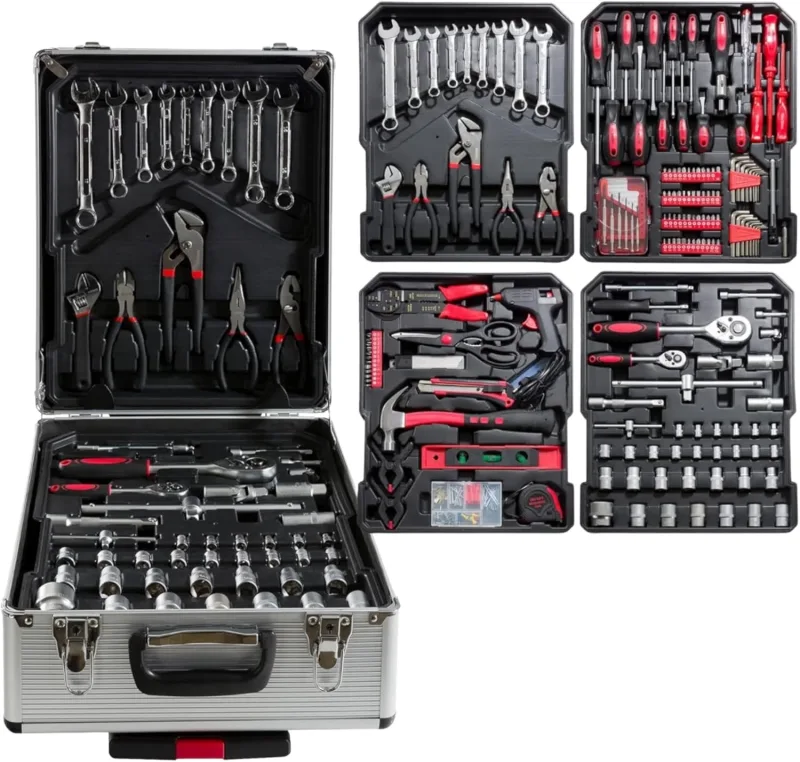 Maletín de Herramientas Profesional 1699 Piezas - Carro con Asa Telescópica y Ruedas, Caja Completa Multinivel para Taller Mecánico y Bricolaje, Organización Superior - Negro