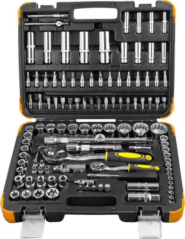 JOMAFA 113 Piece Tool Case with 12 Sided Chrome Vanadium Steel Chrome | 1/2 and 1/4 Tool Case with Sockets, Ratchets and Tips
