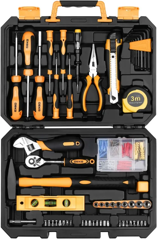 DEKO 138 Piece Complete Tool Box, Household Tool Set, Universal Repair Tool Case with Plastic Case, Including Torpedo Level, Hammer, Screwdriver