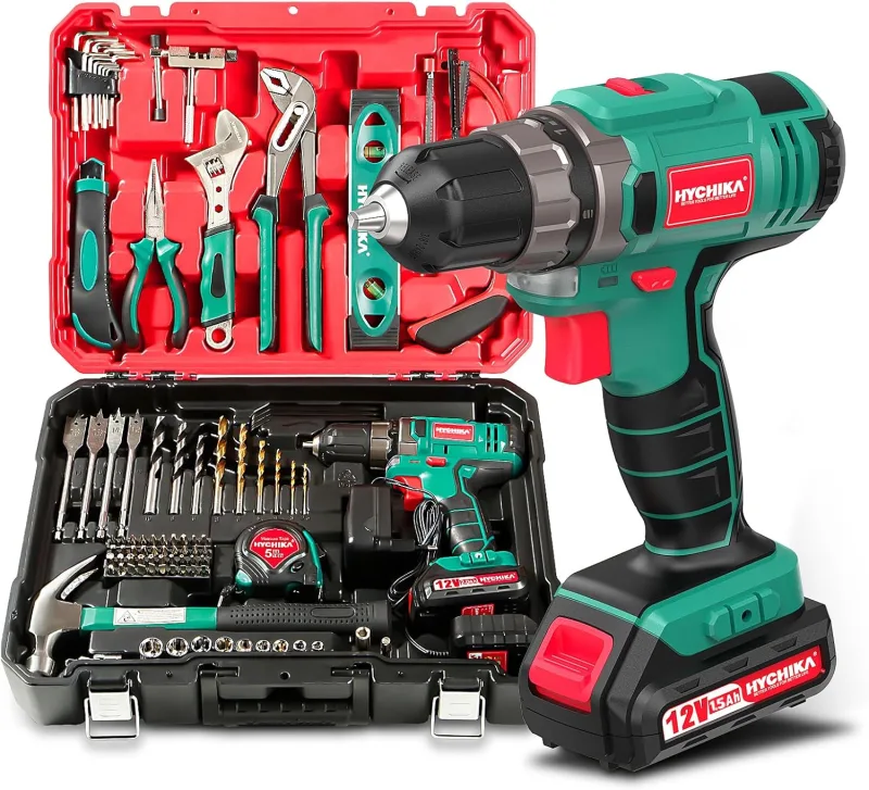 HYCHIKA 104pcs Drill Driver 12V Battery Kit Tools DIY, 1.5Ah Electric Screwdriver, 30N.m Max Torque, 1 Hour Quick Charge, Complete Tool Box