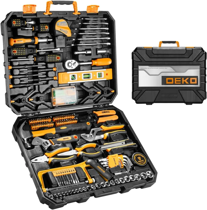 DEKO Tool Box Complete 228 Pieces, Case Tool Box DIY for Home, Office and Car, with Precision Screwdriver Set Mini Saw Pliers Tape Measure