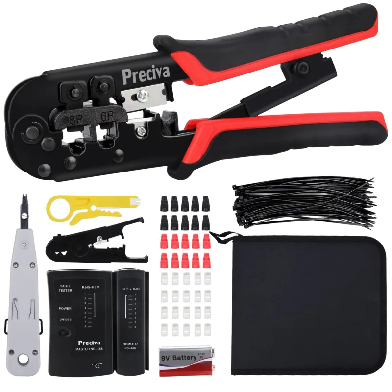 Preciva Crimping Tool Kit Rj45, 3 in 1 Tool Box with Crimper, RJ45 Tester, RJ45 Cable, RJ45 Rosette and Professional Installation Tool Set