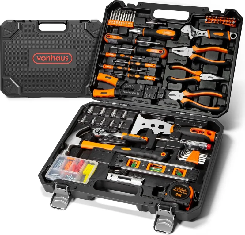 VonHaus DIY Tools – Complete Tool Box, 120 Pieces with Case – Includes Screwdriver Set, Hammer, LED Flashlight, Metro 3 m and More