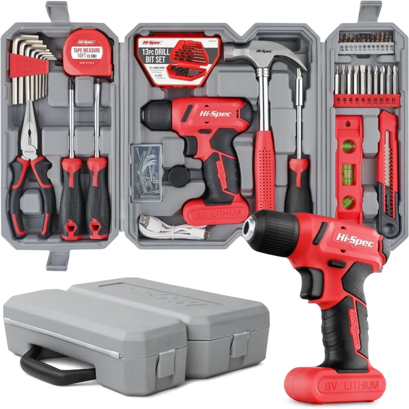 Hi-Spec 57 Pieces Tool Set with 8V USB Cordless Drill Driver, Drill Bits, Pliers, Hammer and Compact Case for DIY and Repair at Home, Office and Home