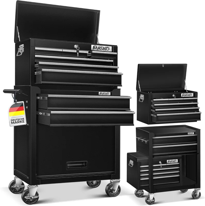 MASKO® - Carro de herramientas de taller con maletín, 9 cajones y cerradura, rojo, metal macizo, profesional y portátil, sin herramientas, con ruedas y candado, para almacenamiento de herramientas,