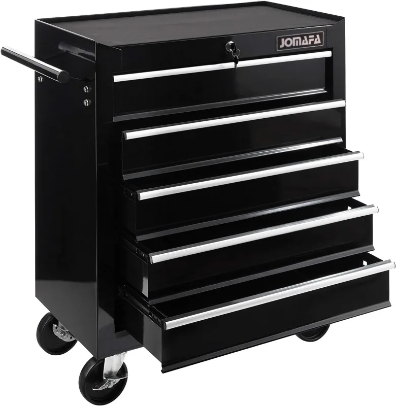 JOMAFA Carro de Taller Caja de Herramientas | 5 cajones | Cerradura por Llave | 4 Ruedas | 2 Ruedas con Freno de Bloqueo | Alfombrillas Antideslizantes