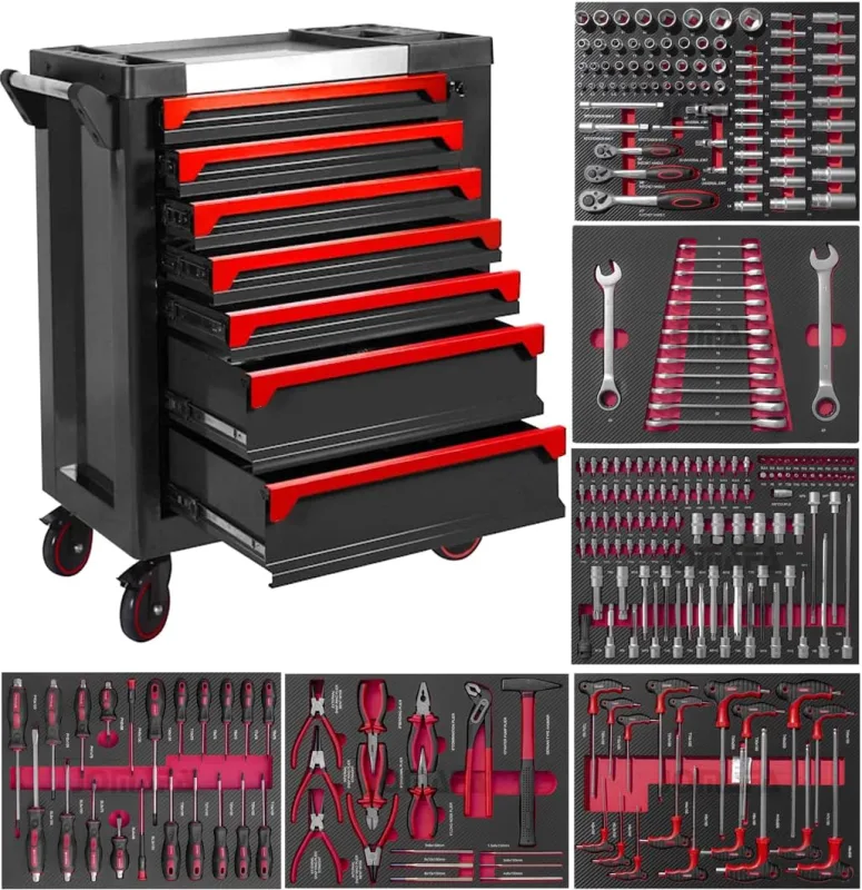 Carro de herramientas 7 cajones con puerta lateral, con herramientas 6 modulos EVA ROJO Y NEGRO