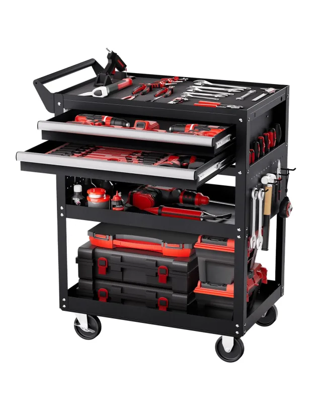 VEVOR Carro de Herramientas, Carrito de Trabajo de 5 Niveles con Ruedas, 2 Cajones y Tablero Perforado, Organizador de Herramientas para Mecánicos con Sistema de Bloqueo Carga de 181 kg, Negro