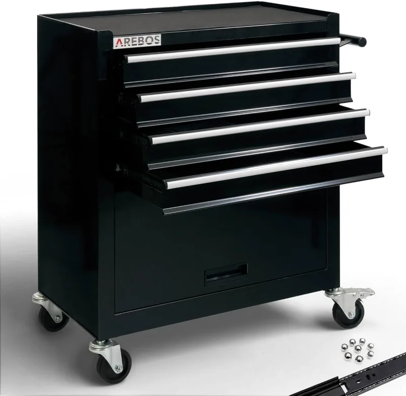Arebos Carro de Taller 4 Compartimentos | 2 Ruedas con de estacionamiento | Espacio para Las Herramientas de un mecanico de Taller | Incl. Alfombrillas Antideslizantes | Negro