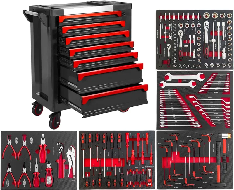 Carro de taller con herramientas 7 cajones y puerta lateral | 5 modulos fibra carbono, rojo