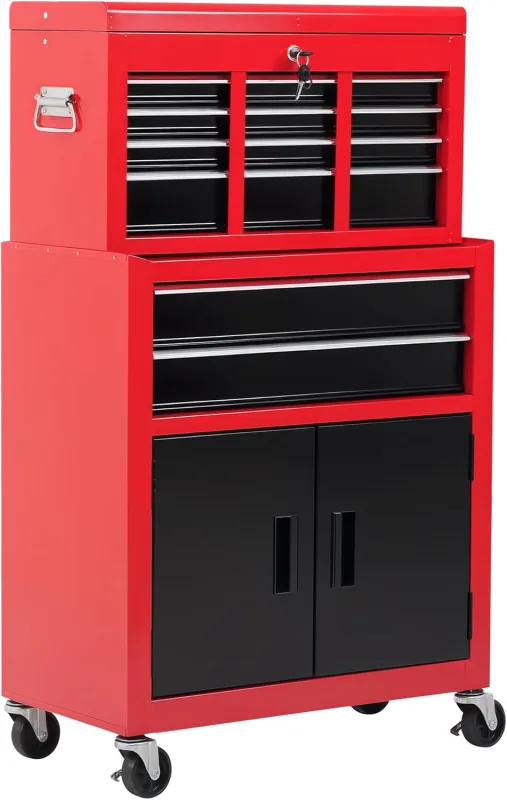 HOMCOM Carro de Herramientas con Baúl Superior, 2 en 1, Carro de Taller con 6 Cajones, Armario, Cerradura, 4 Ganchos, 2 Ruedas con Freno de Bloqueo, para Garaje, Hogar, Rojo