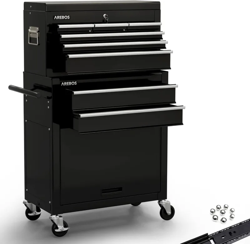 Arebos Carro de Taller 9 Compartimentos | Recubrimiento Antideslizante | Fijación de la Caja móvil y extraíble | rodamiento de Bolas | Freno de estacionamiento | Negro
