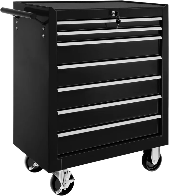 tectake ® Carrito Auxiliar con Ruedas, 7 Cajones, Revestido en Polvo, Organizador de Herramientas, Caja de Herramientas Vacía, Armario Metálico, Carro Taller, Ruedas con Freno - Negro