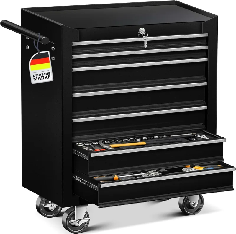 MASKO® carro de taller – 7 cajones, color negro, con cerradura, metal macizo, móvil sin herramientas, profesional de taller sin equipamiento, carrito con ruedas