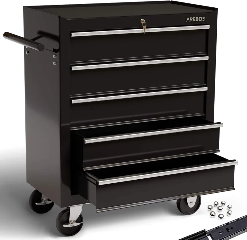 Arebos Carro de Herramientas | 5 cajones | con Cierre centralizado | Incl. Alfombrillas Antideslizantes | cajones con correderas de Bolas | 2 Ruedas con Freno de Bloqueo | Negro