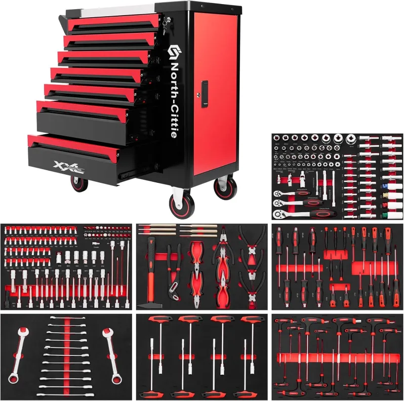 Carro de Herramientas North-Cittie 7-box XXL Edition con 256 Piezas de Herramientas Profesionales, Ideal Eara El Taller, El Hogar, El Carro Que Le Ofrece un Mundo de Bricolaje Más Ordenado
