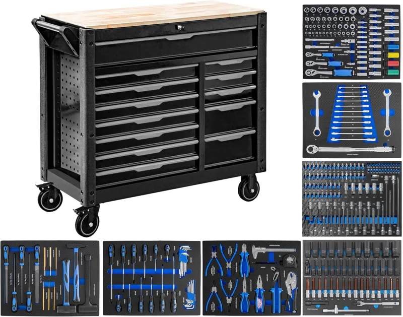 JOMAFA Large 13 Drawer Workshop Trolley with Wooden Tray, XXL Edition with 7 Tool Modules