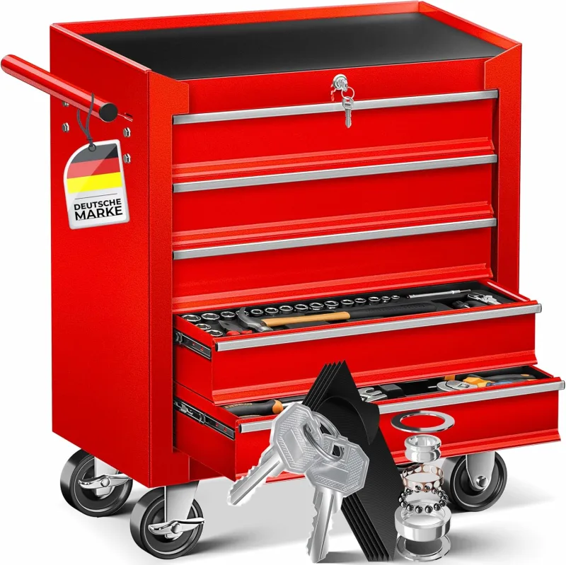 Masko® Carro de taller con 5 cajones y cerradura, rojo, metal macizo. Carro de herramientas profesional y movible sin equipamiento, carrito con ruedas para almacenamiento de herramientas con candado