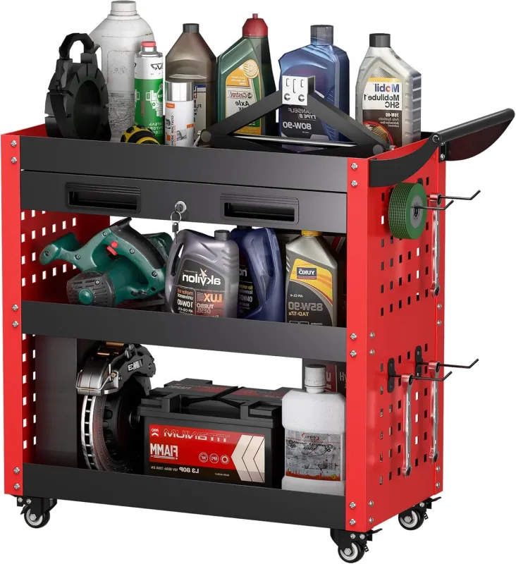 Carro de taller con ruedas para taller, 78 x 35 x 70 cm, con cajón con cerradura y tabla de pegboard, 4 ganchos, taller, capacidad de carga de 150 kg (rojo)