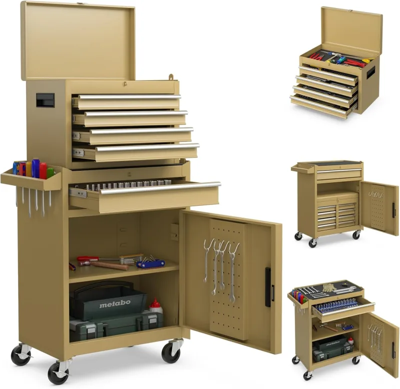GOPLUS Tool Workshop Trolley with Wheels, Complete Suitcase, Carrinho Ferrramenta with 5 Boxes, Hooks, 3 Adjustable Shelves and Non-Slip Mats (Desert Yellow)