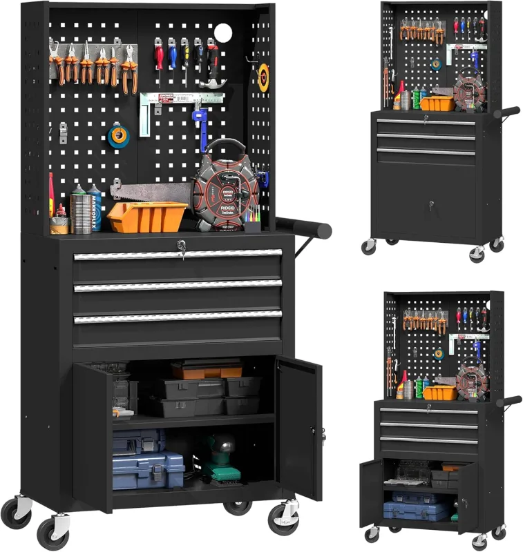 HOMCOM Carro de Herramientas con 3 Cajones y Tabla de Pegboard, Carro de Taller, Cerradura por Llave, Estante Ajustable, 2 Ruedas con Freno de Bloqueo, Negro