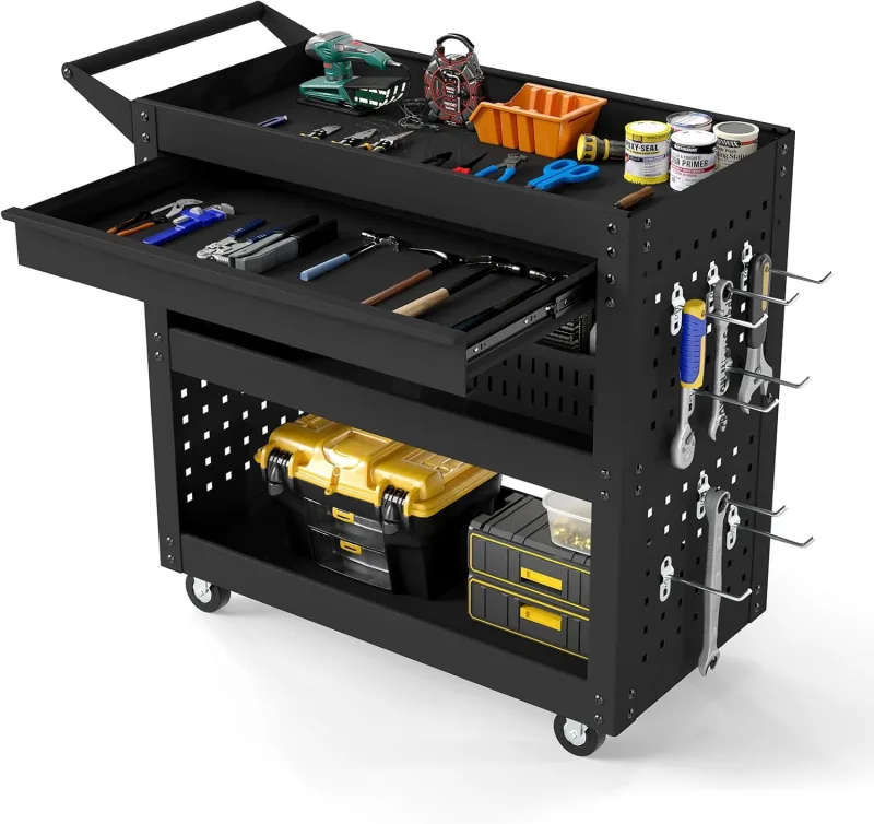 COSTWAY Carro Herramientas de 3 Niveles, Organizador de Herramientas con Cajón, 2 Tableros Perforados y 8 Ganchos, Marco Metálico, Almacén Garaje Taller, 80 x 35 x 73 cm