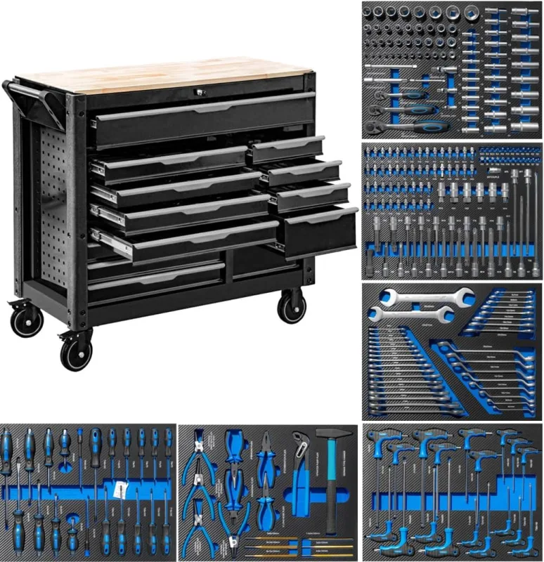 JOMAFA Large Workshop Trolley with 13 Drawers with Wooden Tray, XXL Edition with 6 Tool Modules, Blue