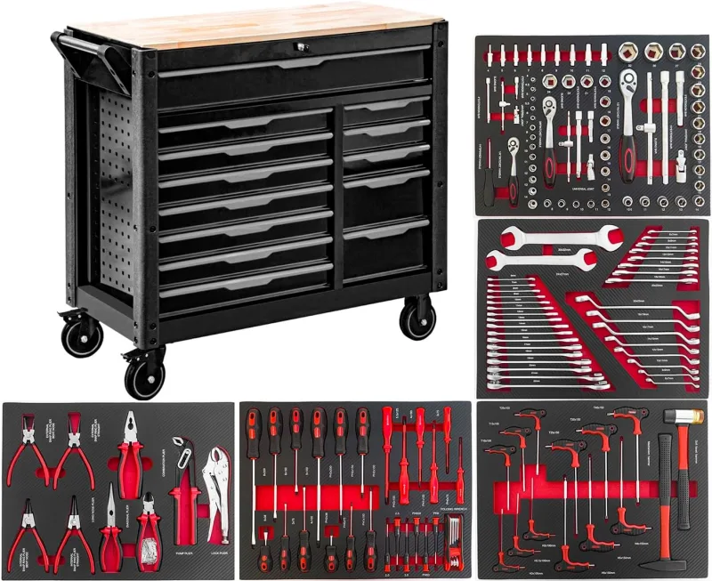 JOMAFA Large Workshop Trolley with 13 Drawers with Wooden Tray, XXL Edition with 5 Tool Modules