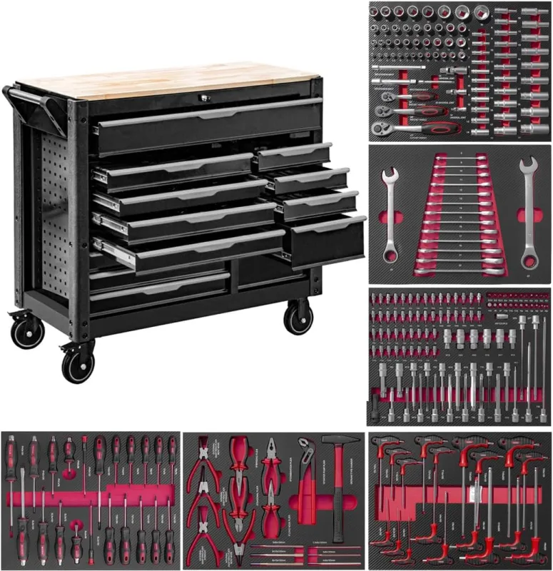 JOMAFA Large Workshop Trolley with 13 Drawers with Wooden Tray, XXL Edition with 6 Tool Modules, Red