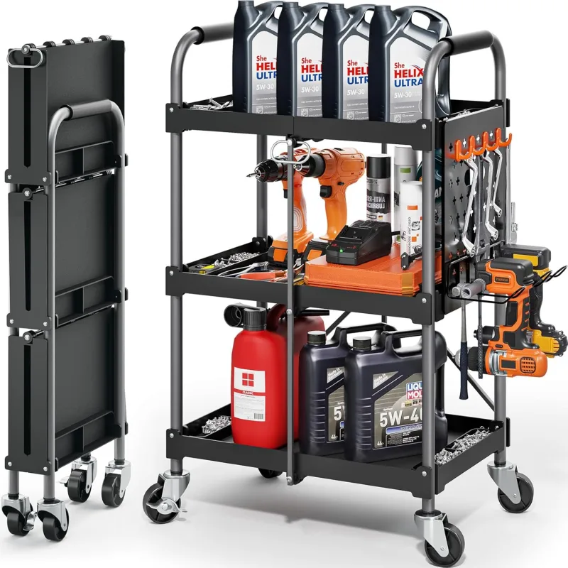 KINGRACK Tool Trolley with 3 Shelves and Ergonomic Handle, Folding Service Cart, Auxiliary Trolley Workshop Organizer with Hanging Plates for Home, Office, Garage Warehouse, Black