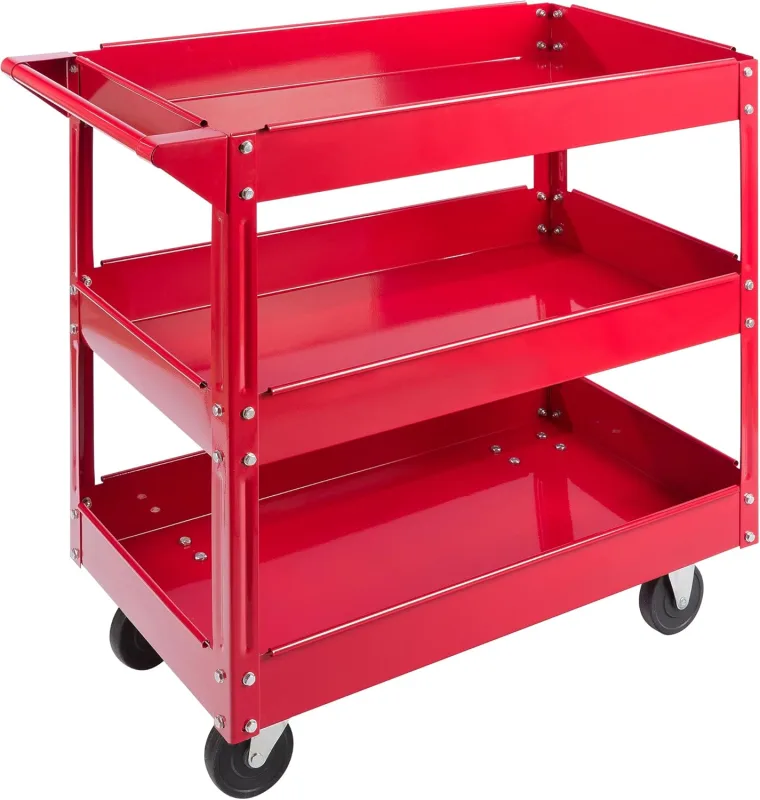 Arebos Workshop Trolley with Wheels | Tool Trolley | Assembly Hand Trolley | 3 Compartments | Load Capacity up to 120 kg | Red