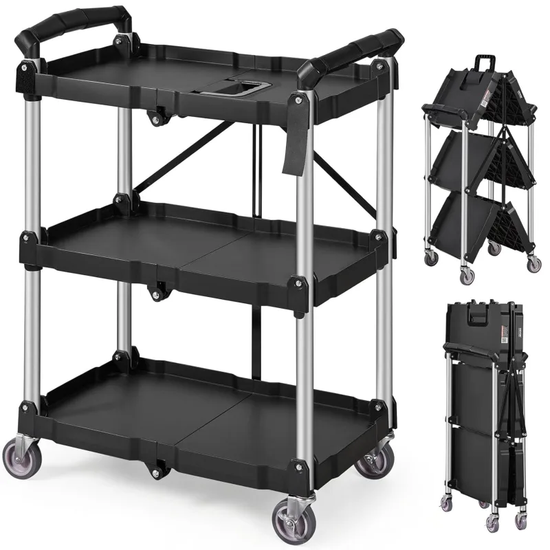 VEVOR Service Cart 65 x 39 x 83 cm Folding Utility Transport Trolley 3 Shelves Total Capacity 74.8 kg​ 25 kg​/Shelf Swivel Wheels (2 with Brakes) for Garage Tools Warehouse Office