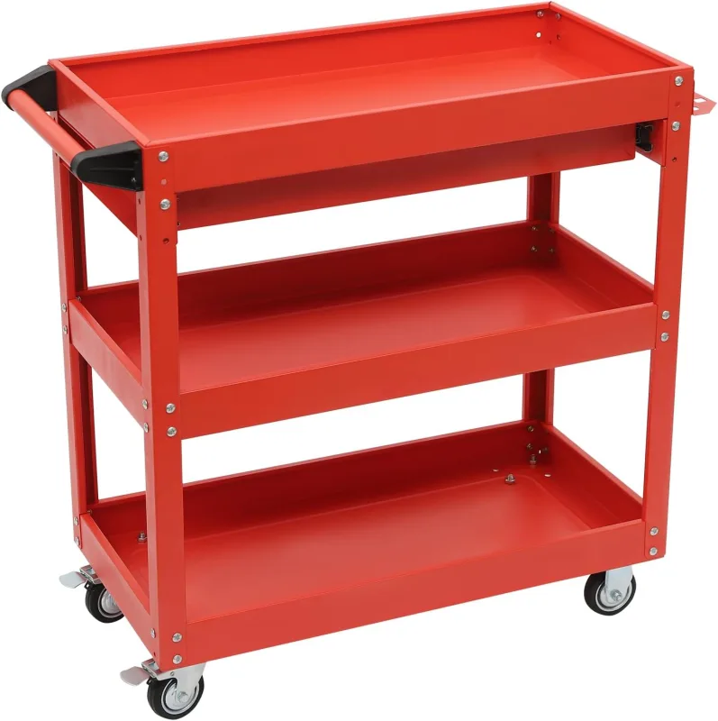 Workshop Trolley with Wheels, 3 Tiers, Heavy Duty Metal Tool Trolley for Garage and Workshop, Up to 150kg (Red)