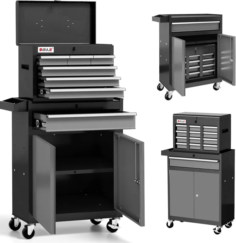 Carro Herramientas a Sette Cassetti,Carro de Herramientas con Puleggia Alta 40",Carro Taller in Metallo con Parte Superiore Staccabile,con Ganci,Fodera e Divisorio per Vassoio,Negro