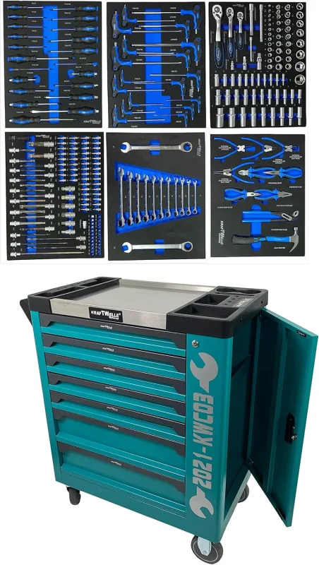Kraftwelle 2021 Model Blue Tool Trolley with Guide Ball Bearing 7 Drawers Ratchet Ratchet Screwdriver Pliers Workshop Tool Set