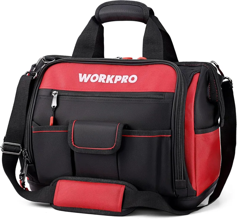 WORKPRO Bolsa de Herramientas 42 x 25 x 34 cm, Bolsa de Herramientas con Carga Máxima 18-30kg, Respaldo Rígido Resistente al Agua, Correa Ancha Ajustable para el Hombro, Cremallera Flexible