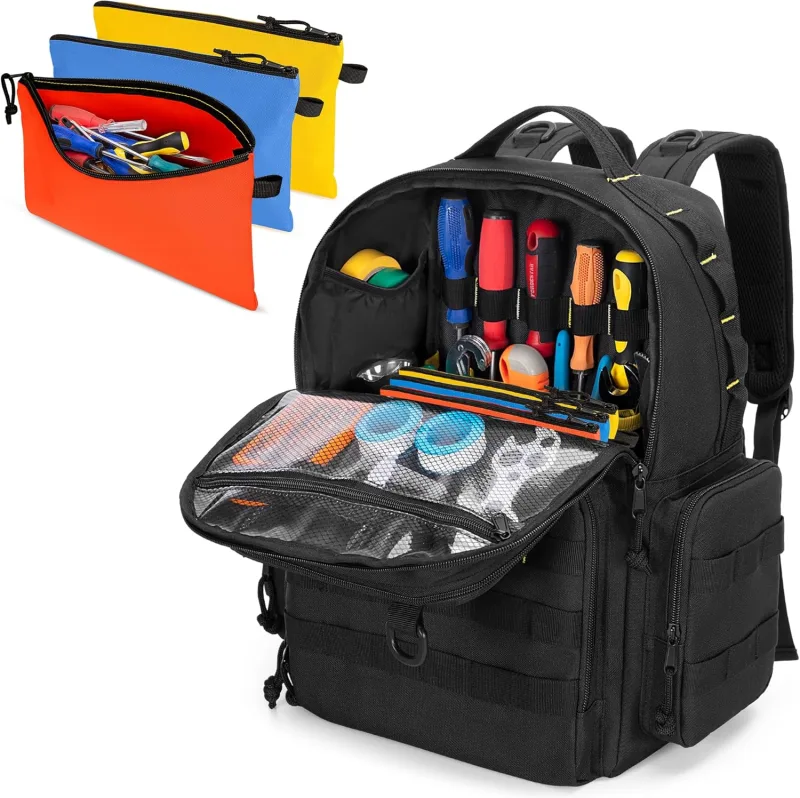 Rexmica Mochila de Herramientas para Hombre con 3 Bolsillos, Bolsa de Almacenamiento para Reparadores, Técnicos, Electricistas - Negro