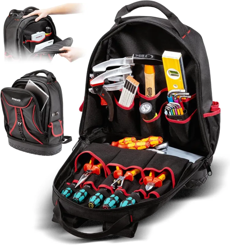 PARAT Basic Backpack | Mochila de herramientas 23 L para electricistas | Mochila robusta de nailon | Mochila de herramientas con 15 compartimentos y 6 trabillas de goma | Mochila electricista con