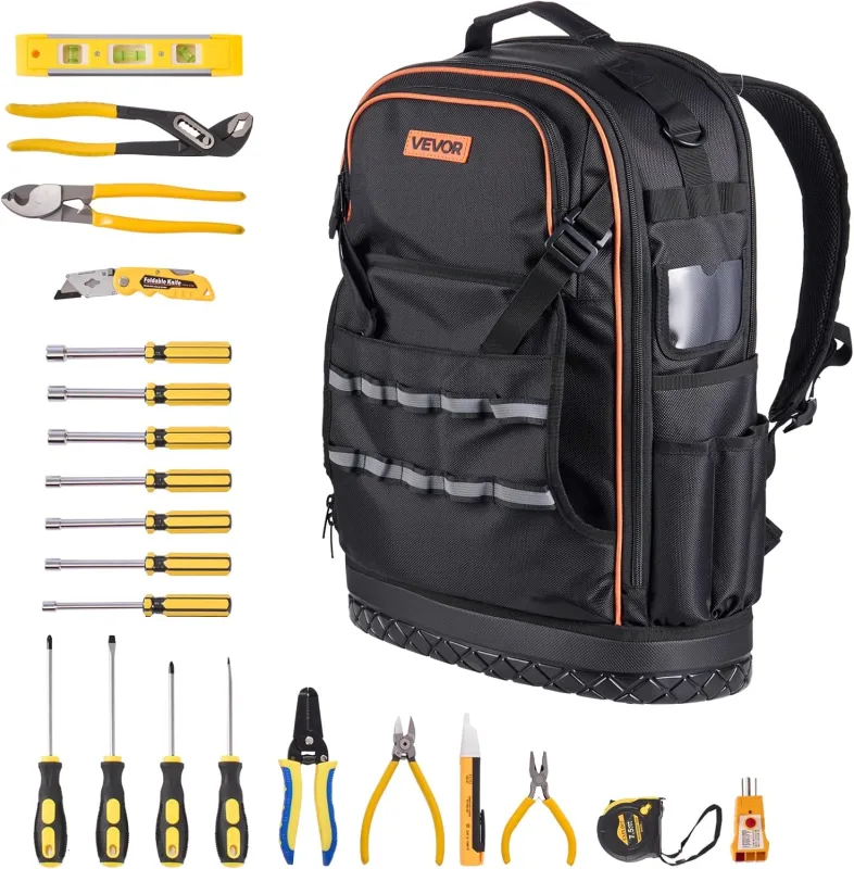 VEVOR Tool Backpack, Work Backpack 370 x 195 x 520 mm with 65 Pockets, Laptop Compartment, Molded Base and 21 Piece Tools for Electricians, Repairers